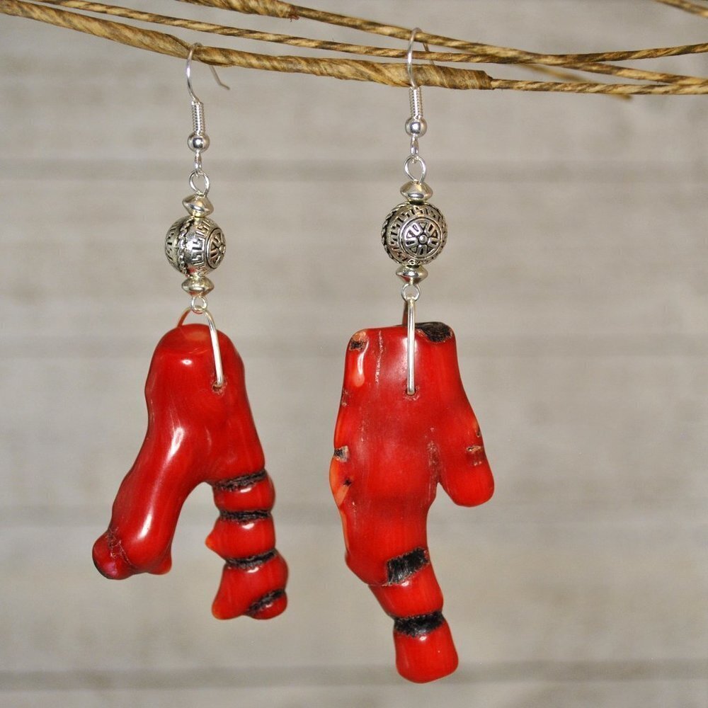 Red Coral & Tibetian Silver Beaded Earrings Handmade​​​​